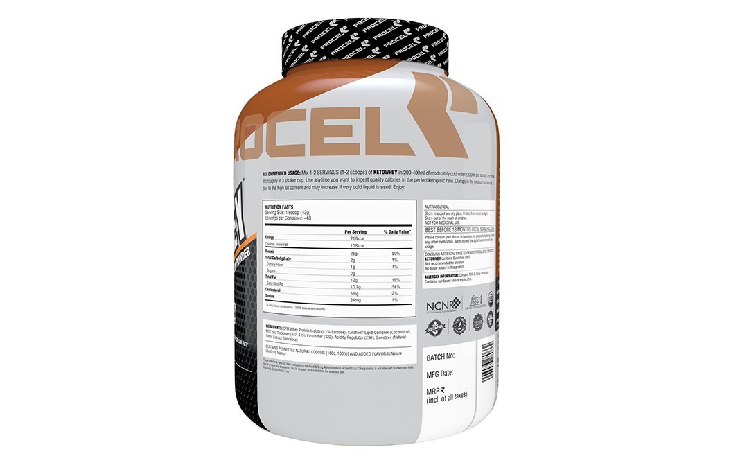 Procel Ketowhey Mango Lassi Flavor Ketogenic Protein Powder   Plastic Container  2 kilogram